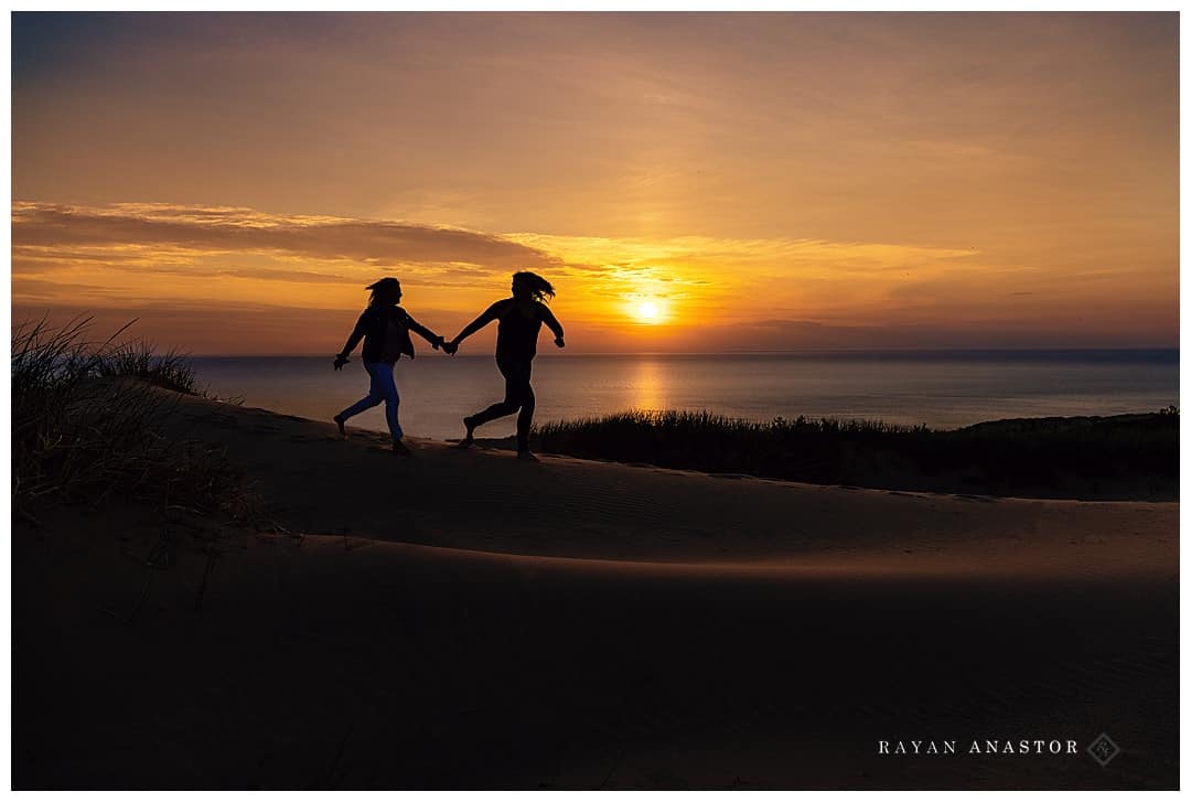Sand Dunes Engagement Session at Sunset overlooking Lake Michigan