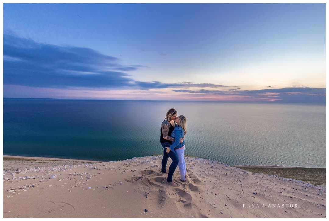 Lake Michigan engagement photos at sunset in sand dunes