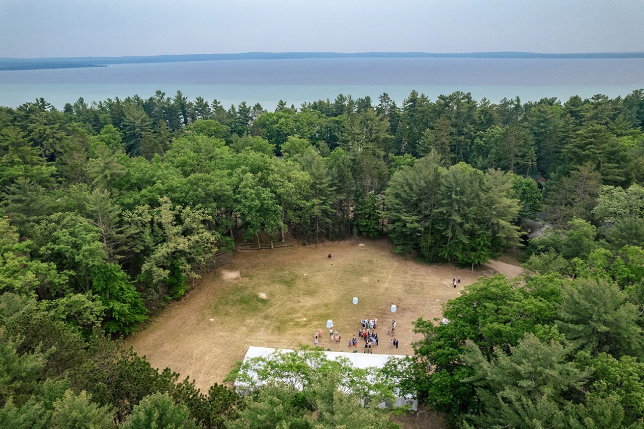 aerial view of wedding at Higgin's Lake