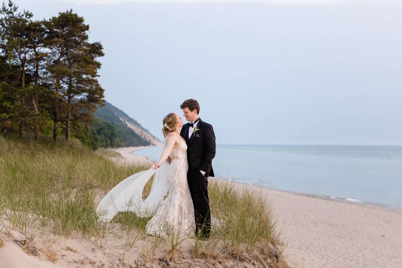 Bride and Groom on Lake Michigan at Watervale Inn