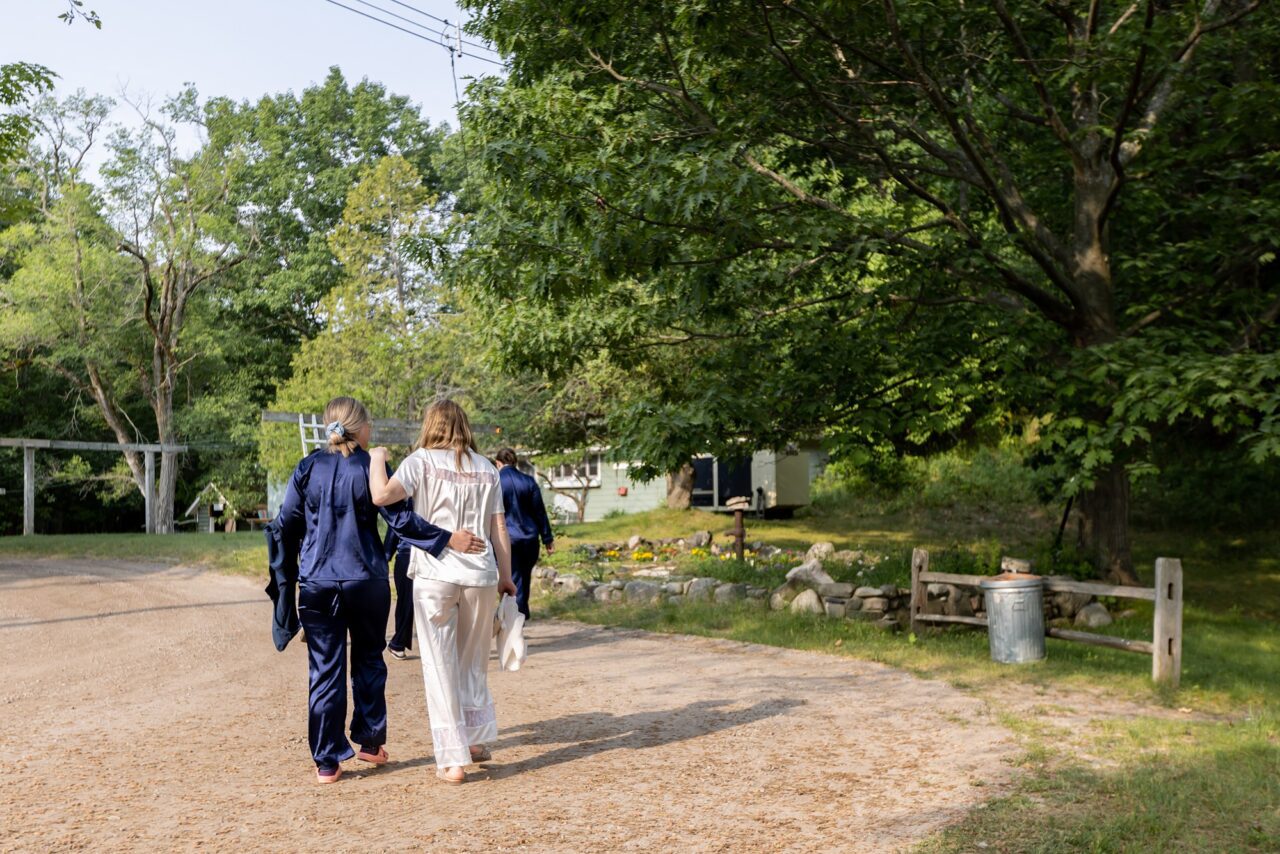 Bride walking from breakfast to get ready for the day