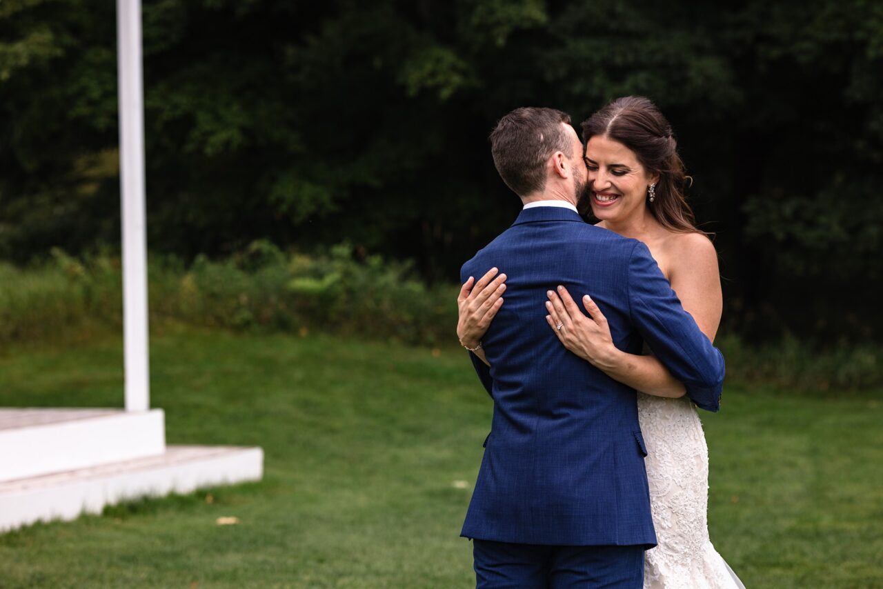 First look of bride and groom at Caberfae