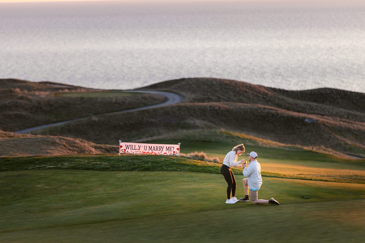 Sunset engagement at Arcadia Bluffs Golf Course Michigan