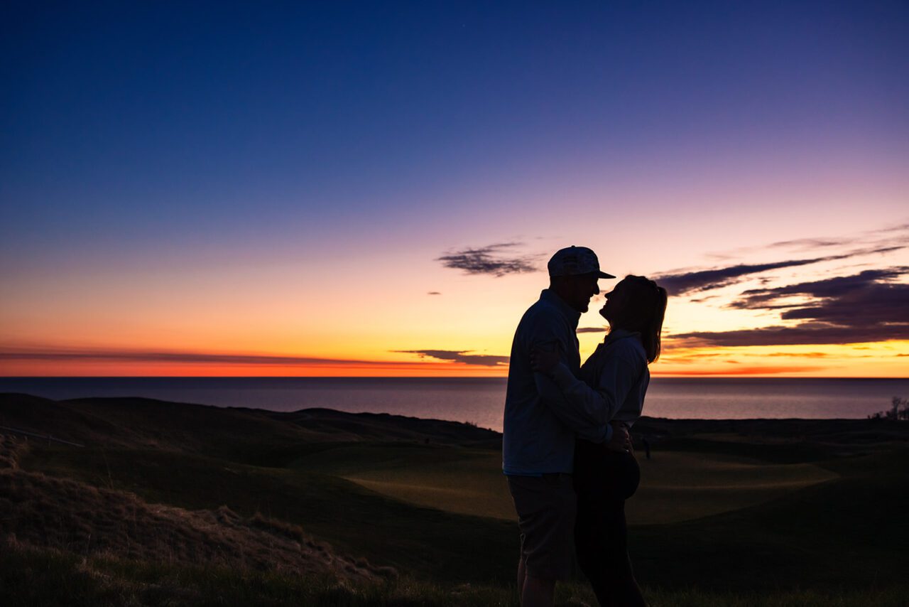 Sunset engagement at Arcadia Bluffs Golf Course Michigan