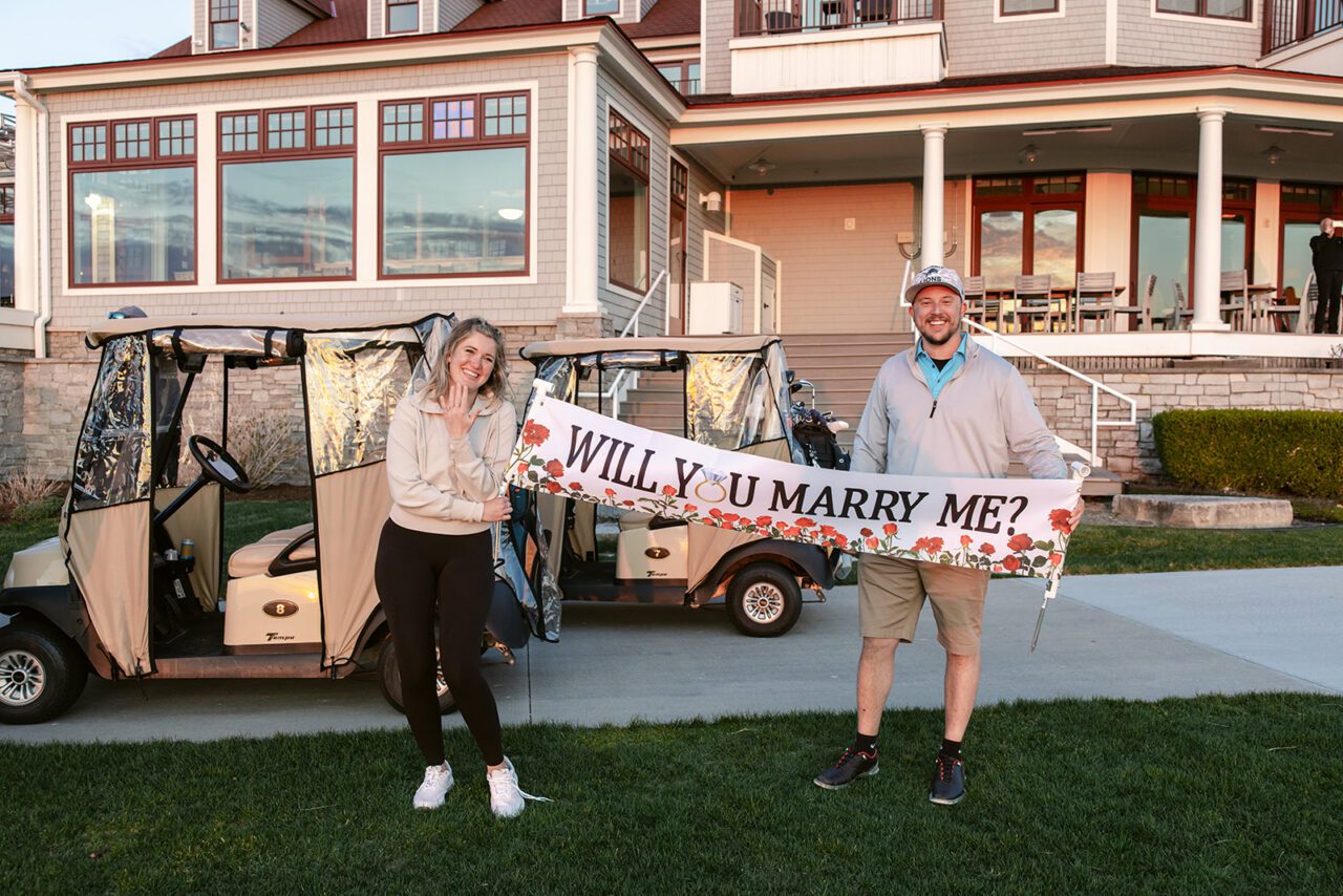 Sunset engagement at Arcadia Bluffs Golf Course Michigan