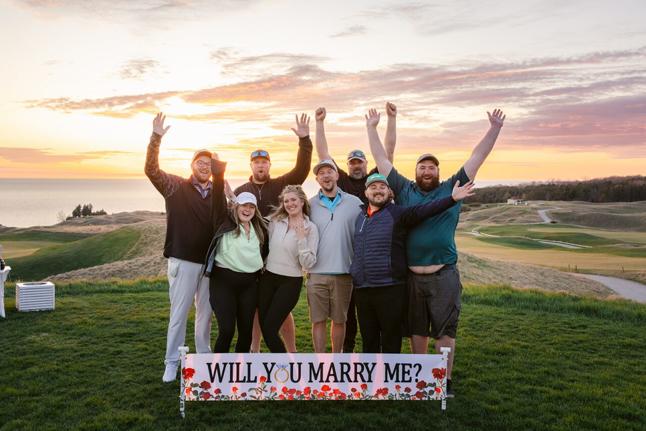 Sunset engagement at Arcadia Bluffs Golf Course Michigan