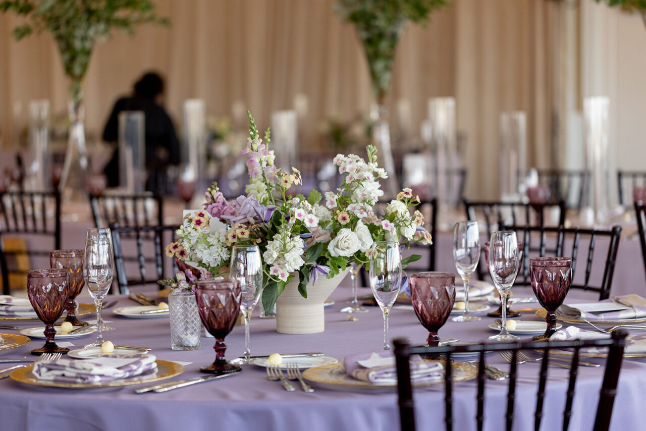 Tableau Events Tablescape for wedding reception purple